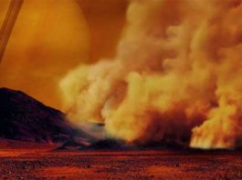 Observadas por primera vez enormes tormentas de polvo en Titán, luna de Saturno Recreación artística tormenta de polvo en Titán