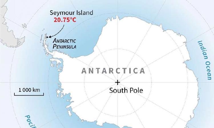 Mapa de la Antártida que ubica la isla Seymour, que registró su temperatura más alta el 9 de febrero