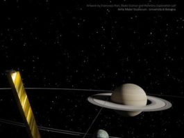 La luna Titán está alejándose de Saturno a un ritmo 100 veces mayor de lo esperado Ilustraciones de Saturno, Titán y la nave espacial Cassini. Crédito: Francesco Fiori