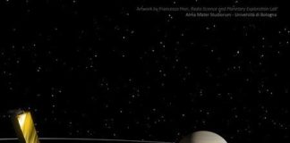 La luna Titán está alejándose de Saturno a un ritmo 100 veces mayor de lo esperado Ilustraciones de Saturno, Titán y la nave espacial Cassini. Crédito: Francesco Fiori