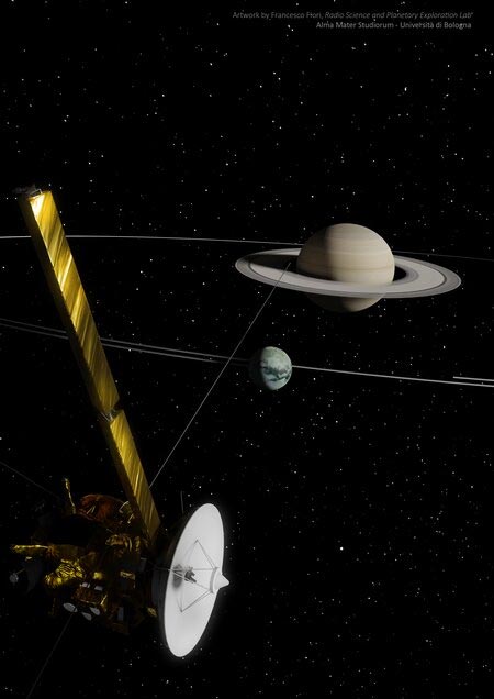 Ilustraciones de Saturno, Titán y la nave espacial Cassini. Crédito: Francesco Fiori