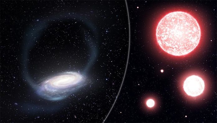 Impresión artística de la delgada corriente de estrellas arrancadas del cúmulo globular de Phoenix, envolviendo nuestra Vía Láctea (izquierda).