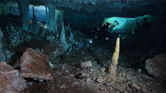 Un buzo en el pasaje "La Mina Roja" del sistema de cuevas submarinas Sagitario cerca de Playa del Carmen en la península de Yucatán en México Un buzo en el pasaje "La Mina Roja" del sistema de cuevas submarinas Sagitario cerca de Playa del Carmen en la península de Yucatán en México