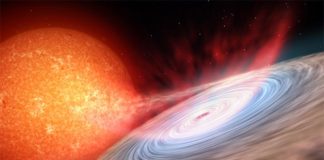 Descubren continuos vientos infrarrojos durante la erupción de un agujero negro de masa estelar Recreación artística de la emisión constante de vientos producidos durante la erupción de un agujero negro en una binaria de rayos X. Crédito: Gabriel Pérez Díaz, SMM (IAC)