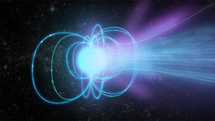 Concepción artística de un magnetar: una estrella de neutrones superdensa con un campo magnético extremadamente fuerte