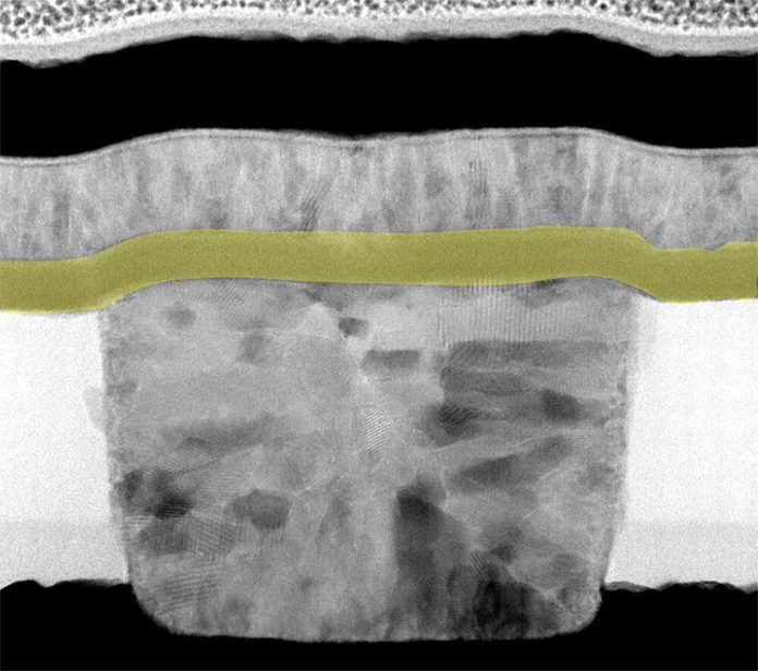 Micrografía electrónica de la neurona artificial (nanodispositivo). La capa de dióxido de niobio (amarilla) confiere al dispositivo un comportamiento similar al de una neurona Micrografía electrónica de la neurona artificial (nanodispositivo). La capa de dióxido de niobio (amarilla) confiere al dispositivo un comportamiento similar al de una neurona