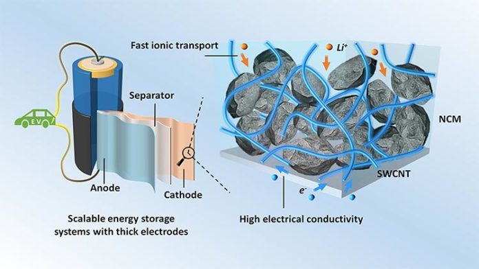 Baterías de iones de litio: Electrodos gruesos con nanotubos de carbono de pared simple (SWCNT) para sistemas de almacenamiento de energía escalables Baterías de iones de litio: Electrodos gruesos con nanotubos de carbono de pared simple (SWCNT) para sistemas de almacenamiento de energía escalables
