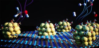 Nuevo nanomaterial allana el camino hacia la generalización del hidrógeno como combustible limpio Ilustración del sustrato de nitruro de boro en 2D con imperfecciones que albergan pequeños racimos de níquel. El catalizador ayuda a la reacción química que elimina el hidrógeno de los portadores químicos líquidos, haciéndolo disponible para su uso como combustible
