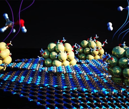 Nuevo nanomaterial allana el camino hacia la generalización del hidrógeno como combustible limpio Ilustración del sustrato de nitruro de boro en 2D con imperfecciones que albergan pequeños racimos de níquel. El catalizador ayuda a la reacción química que elimina el hidrógeno de los portadores químicos líquidos, haciéndolo disponible para su uso como combustible