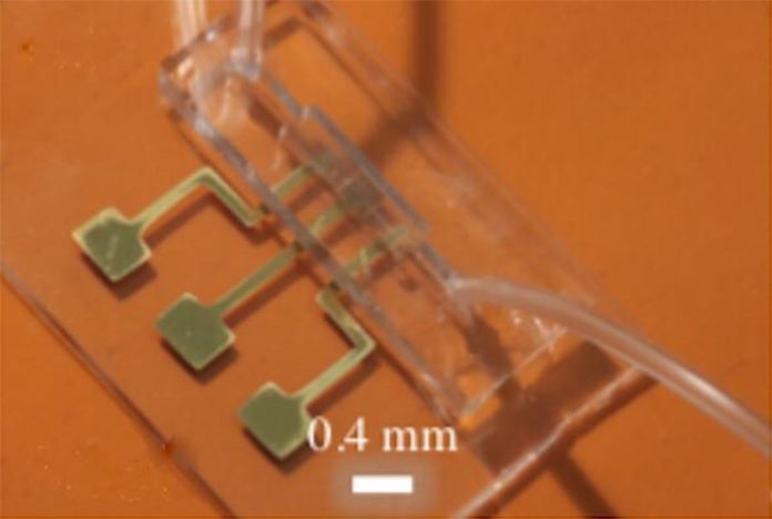 Imagen del chip de prueba para detectar anticuerpos del COVID-19 obtenida mediante impresión 3D de nanopartículas por chorro de aerosol