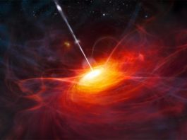 Un estudio investiga la emisión de un cuásar rojo distante Representación artística del disco de acreción en ULAS J1120 + 0641, un cuásar rojo muy distante alimentado por un agujero negro supermasivo con una masa dos mil millones de veces la del Sol