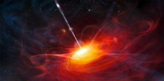 Un estudio investiga la emisión de un cuásar rojo distante Representación artística del disco de acreción en ULAS J1120 + 0641, un cuásar rojo muy distante alimentado por un agujero negro supermasivo con una masa dos mil millones de veces la del Sol