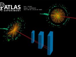 ATLAS (CERN) encuentra evidencia de una rara desintegración del bosón de Higgs Presentación de un evento candidato de un bosón de Higgs que se descompone en dos muones cercanos y un fotón