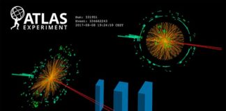 ATLAS (CERN) encuentra evidencia de una rara desintegración del bosón de Higgs Presentación de un evento candidato de un bosón de Higgs que se descompone en dos muones cercanos y un fotón