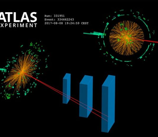 ATLAS (CERN) encuentra evidencia de una rara desintegración del bosón de Higgs Presentación de un evento candidato de un bosón de Higgs que se descompone en dos muones cercanos y un fotón