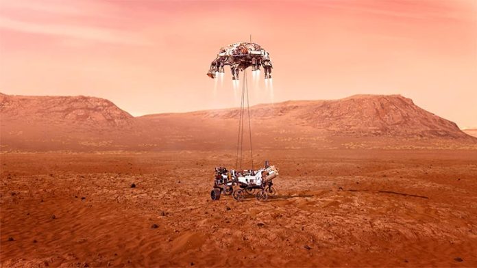 Una ilustración del rover Perseverance de la NASA aterrizando con seguridad en Marte Una ilustración del rover Perseverance de la NASA aterrizando con seguridad en Marte