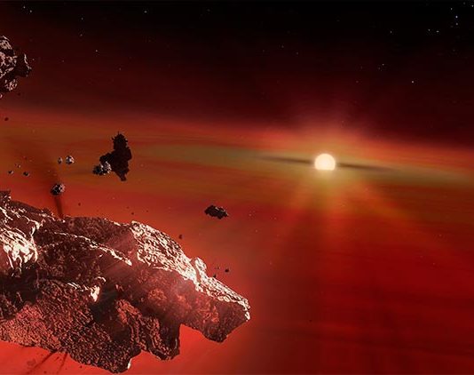 Encuentran corteza vaporizada de planetas como la Tierra en enanas blancas Impresión artística de restos de corteza planetaria que se desintegran bajo las fuerzas de las mareas alrededor de una de las enanas blancas frías observadas