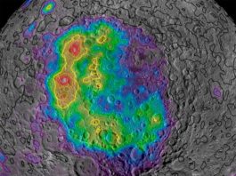 El cráter más grande de la Luna contiene pistas sobre el manto lunar temprano Aquí se muestran las concentraciones de torio medidas por Lunar Prospector a lo largo de la vasta Cuenca Aitken en el lado opuesto de la Luna, lo que ilustra cómo el material del manto expulsado por un impacto de hace unos 4.300 millones de años se distribuye actualmente por la superficie, y da una idea de cómo era entonces el manto lunar