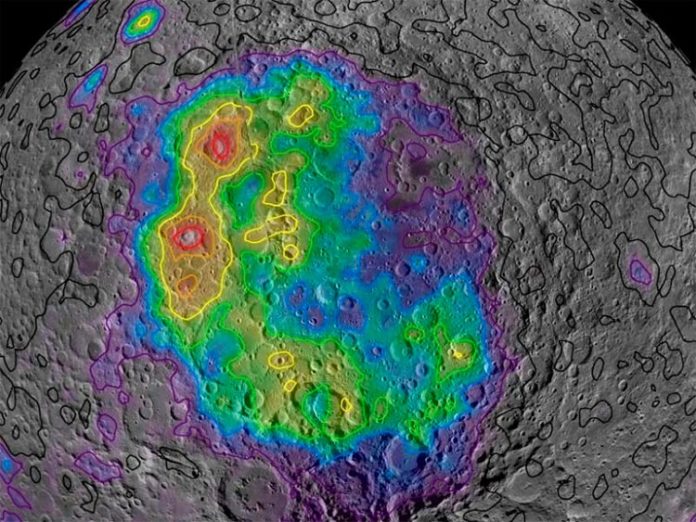 Aquí se muestran las concentraciones de torio medidas por Lunar Prospector a lo largo de la vasta Cuenca Aitken en el lado opuesto de la Luna, lo que ilustra cómo el material del manto expulsado por un impacto de hace unos 4.300 millones de años se distribuye actualmente por la superficie, y da una idea de cómo era entonces el manto lunar