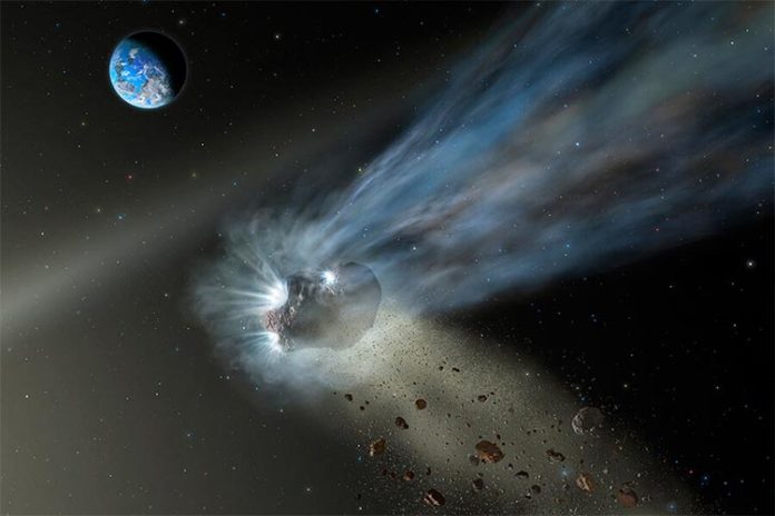 Esta ilustración de un cometa de la Nube de Oort a su paso por el sistema solar interior con polvo y gas que se evaporan en su cola. Las observaciones de SOFIA del cometa Catalina revelan que es rico en carbono, lo que sugiere que los cometas entregaron carbono a los planetas terrestres como la Tierra y Marte a medida que se formaron en el sistema solar temprano