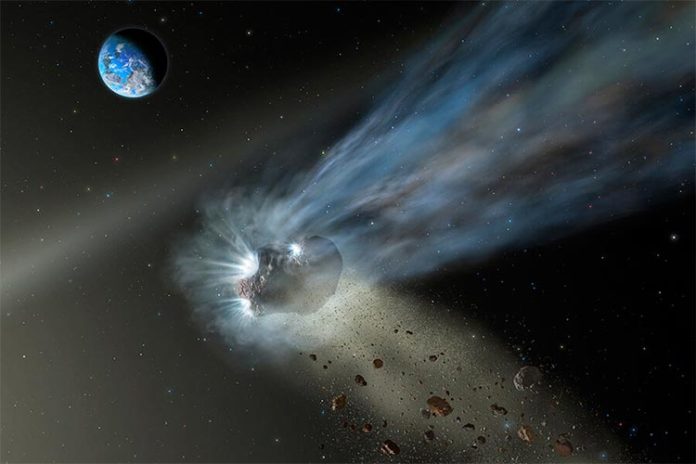 Esta ilustración de un cometa de la Nube de Oort a su paso por el sistema solar interior con polvo y gas que se evaporan en su cola. Las observaciones de SOFIA del cometa Catalina revelan que es rico en carbono, lo que sugiere que los cometas entregaron carbono a los planetas terrestres como la Tierra y Marte a medida que se formaron en el sistema solar temprano Esta ilustración de un cometa de la Nube de Oort a su paso por el sistema solar interior con polvo y gas que se evaporan en su cola. Las observaciones de SOFIA del cometa Catalina revelan que es rico en carbono, lo que sugiere que los cometas entregaron carbono a los planetas terrestres como la Tierra y Marte a medida que se formaron en el sistema solar temprano
