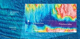 Las fallas de transformación juegan un papel activo en la configuración del fondo oceánico La zona de fractura de Atlantis II en el suroeste del Océano Índico con un zoom en la esquina norte. La mayor profundidad del agua en el valle de transformación es claramente visible. A medida que las placas se mueven, el magmatismo en las esquinas rellena los valles de transformación profunda de modo que las zonas de fractura adyacentes son menos profundas y configuran el fondo oceánico