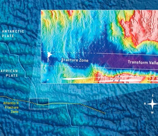 Las fallas de transformación juegan un papel activo en la configuración del fondo oceánico La zona de fractura de Atlantis II en el suroeste del Océano Índico con un zoom en la esquina norte. La mayor profundidad del agua en el valle de transformación es claramente visible. A medida que las placas se mueven, el magmatismo en las esquinas rellena los valles de transformación profunda de modo que las zonas de fractura adyacentes son menos profundas y configuran el fondo oceánico