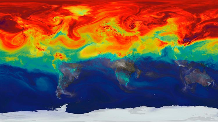 Un modelo de supercomputadora de la NASA muestra cómo los gases de efecto invernadero como el dióxido de carbono (CO2), un factor clave del calentamiento global, fluctúan en la atmósfera de la Tierra durante todo el año, y afectan al balance energético de la Tierra