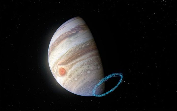 Impresión artística de los vientos en la estratosfera de Júpiter cerca del polo sur del planeta