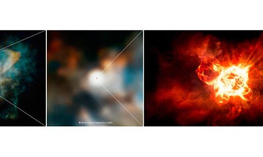 Hubble resuelve el misterio de la atenuación de una estrella monstruosa: VY Canis Majoris Este zoom en VY Canis Majoris es una combinación de imágenes del Hubble y la impresión de un artista