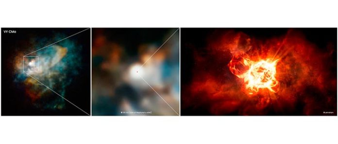Este zoom en VY Canis Majoris es una combinación de imágenes del Hubble y la impresión de un artista Este zoom en VY Canis Majoris es una combinación de imágenes del Hubble y la impresión de un artista
