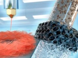 Al fin, aerogeles de grafeno impresos en 3D para el tratamiento del agua A la izquierda, una impresora 3D imprime la hoja de aerogel de grafeno de forma hexagonal. A la derecha, el aerogel (ahora negro) filtra el agua contaminada