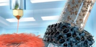 Al fin, aerogeles de grafeno impresos en 3D para el tratamiento del agua A la izquierda, una impresora 3D imprime la hoja de aerogel de grafeno de forma hexagonal. A la derecha, el aerogel (ahora negro) filtra el agua contaminada