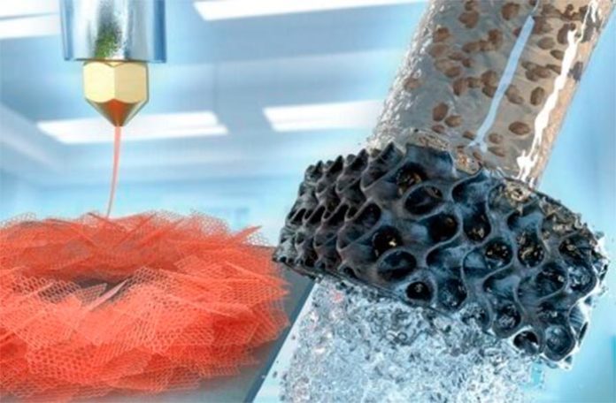 A la izquierda, una impresora 3D imprime la hoja de aerogel de grafeno de forma hexagonal. A la derecha, el aerogel (ahora negro) filtra el agua contaminada A la izquierda, una impresora 3D imprime la hoja de aerogel de grafeno de forma hexagonal. A la derecha, el aerogel (ahora negro) filtra el agua contaminada