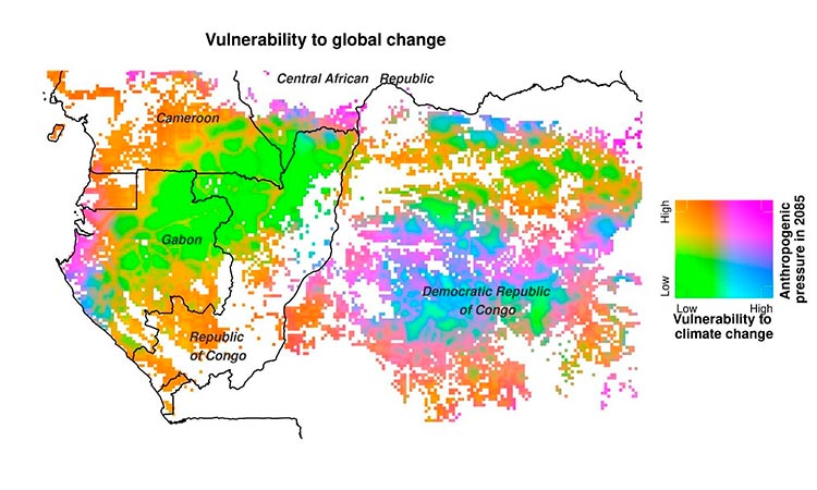 Gradiente de vulnerabilidad de los bosques de África Central al cambio climático y aumento de la presión humana para 2085