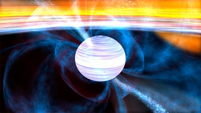 Representación artística de un púlsar de milisegundos con su disco de acreción