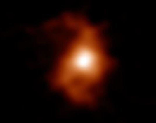 ALMA descubre la galaxia en espiral más antigua, «cercana» al Big Bang Imagen de ALMA de la galaxia en espiral BRI 1335-0417 hace 12.400 millones de años