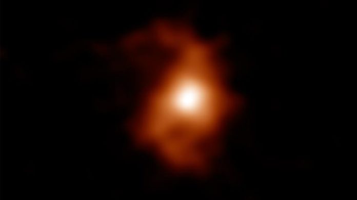 Imagen de ALMA de la galaxia en espiral BRI 1335-0417 hace 12.400 millones de años