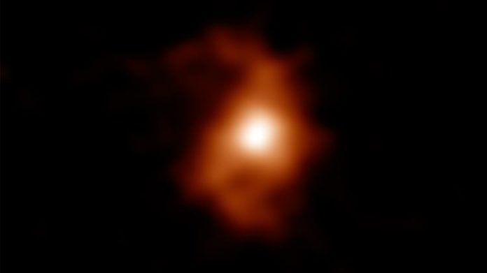 Imagen de ALMA de la galaxia en espiral BRI 1335-0417 hace 12.400 millones de años Imagen de ALMA de la galaxia en espiral BRI 1335-0417 hace 12.400 millones de años