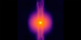 STARFORGE: Impresionante simulación del nacimiento de estrellas, la más realista de la historia Instantánea de una simulación STARFORGE de formación de estrellas. Un núcleo de gas en rotación colapsa, formando una estrella central que lanza chorros bipolares a lo largo de sus polos mientras se alimenta del gas del disco circundante. Los chorros arrastran gas lejos del núcleo, limitando la cantidad que la estrella puede finalmente acumular