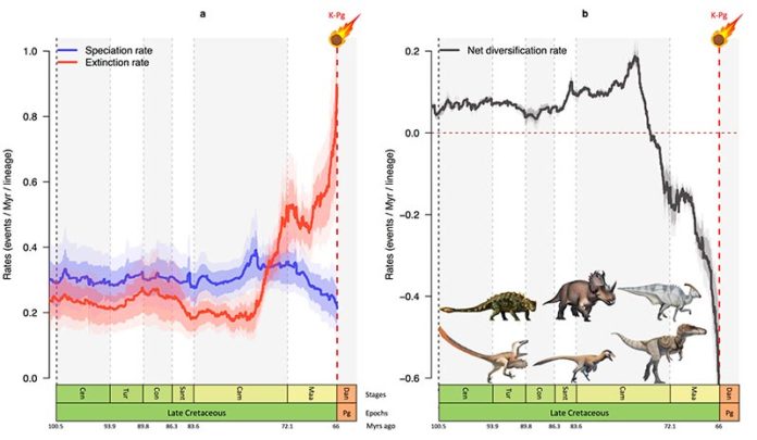 Gráficos que muestran cómo la tasa de especiación (azul) de los dinosaurios descendió y la tasa de extinción (rojo) aumentó bruscamente en los últimos 10 millones de años de la era de los dinosaurios