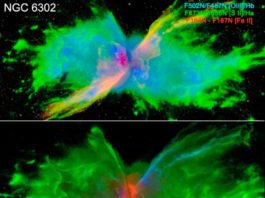 Astrónomos sondean la nebulosa planetaria joven NGC 6302 con Hubble Superposición de color de imágenes de ratio lineal WFC3 de la nebulosa planetaria joven NGC 6302
