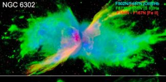 Astrónomos sondean la nebulosa planetaria joven NGC 6302 con Hubble Superposición de color de imágenes de ratio lineal WFC3 de la nebulosa planetaria joven NGC 6302