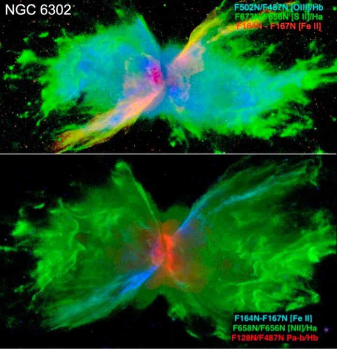Superposición de color de imágenes de ratio lineal WFC3 de la nebulosa planetaria joven NGC 6302