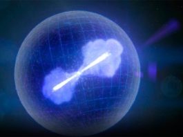 Estallido de rayos gamma libera 14 millones de veces la energía desatada por toda la Vía Láctea durante 0,65 segundos Cuando el núcleo de una estrella masiva colapsa, puede formar un agujero negro. Parte de la materia circundante se escapa en forma de poderosos chorros que se precipitan hacia afuera casi a la velocidad de la luz en direcciones opuestas, como se ilustra aquí. Normalmente, los chorros de estrellas que colapsan producen rayos gamma durante muchos segundos o minutos. Los astrónomos creen que los chorros de GRB 200826A se apagaron rápidamente, produciendo el estallido de rayos gamma más corto (magenta) de una estrella en colapso jamás visto