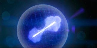 Estallido de rayos gamma libera 14 millones de veces la energía desatada por toda la Vía Láctea durante 0,65 segundos Cuando el núcleo de una estrella masiva colapsa, puede formar un agujero negro. Parte de la materia circundante se escapa en forma de poderosos chorros que se precipitan hacia afuera casi a la velocidad de la luz en direcciones opuestas, como se ilustra aquí. Normalmente, los chorros de estrellas que colapsan producen rayos gamma durante muchos segundos o minutos. Los astrónomos creen que los chorros de GRB 200826A se apagaron rápidamente, produciendo el estallido de rayos gamma más corto (magenta) de una estrella en colapso jamás visto