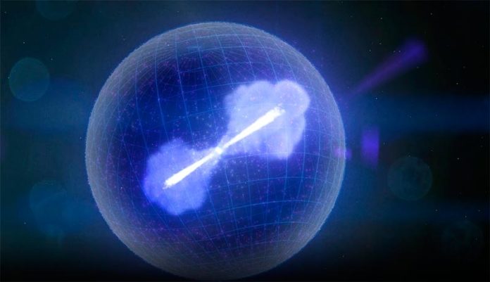 Cuando el núcleo de una estrella masiva colapsa, puede formar un agujero negro. Parte de la materia circundante se escapa en forma de poderosos chorros que se precipitan hacia afuera casi a la velocidad de la luz en direcciones opuestas, como se ilustra aquí. Normalmente, los chorros de estrellas que colapsan producen rayos gamma durante muchos segundos o minutos. Los astrónomos creen que los chorros de GRB 200826A se apagaron rápidamente, produciendo el estallido de rayos gamma más corto (magenta) de una estrella en colapso jamás visto