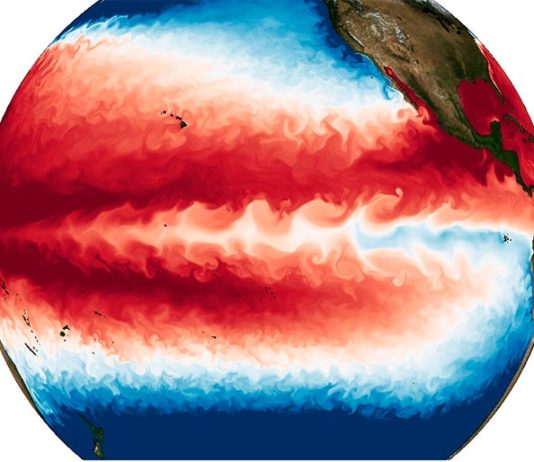 Simulaciones a ultra alta resolución indican menos eventos de El Niño y La Niña en un mundo más cálido Temperaturas de la superficie del océano simuladas con una resolución sin precedentes utilizando un modelo acoplado atmósfera-océano. La extensa estructura ondulada fría en el Pacífico ecuatorial corresponde a una ola de inestabilidad tropical