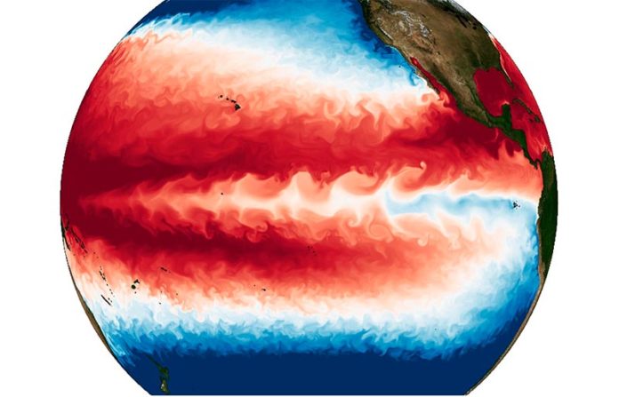 Temperaturas de la superficie del océano simuladas con una resolución sin precedentes utilizando un modelo acoplado atmósfera-océano. La extensa estructura ondulada fría en el Pacífico ecuatorial corresponde a una ola de inestabilidad tropical