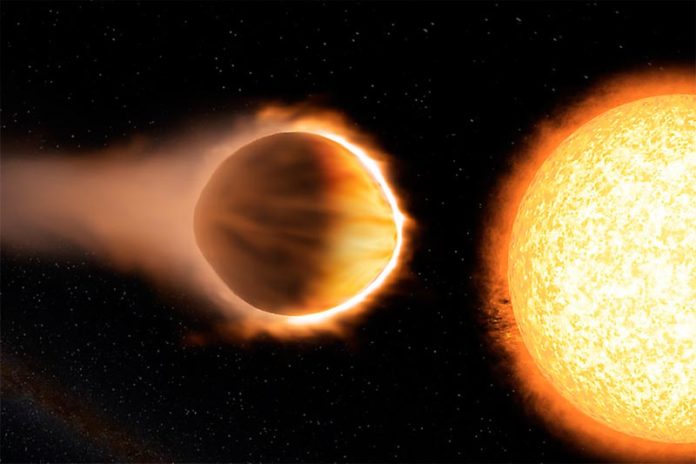 Esta ilustración muestra el exoplaneta WASP-121b, un Júpiter ultracaliente que se encuentra tan cerca de su estrella anfitriona que su atmósfera del lado del día es lo suficientemente caliente como para hervir el hierro